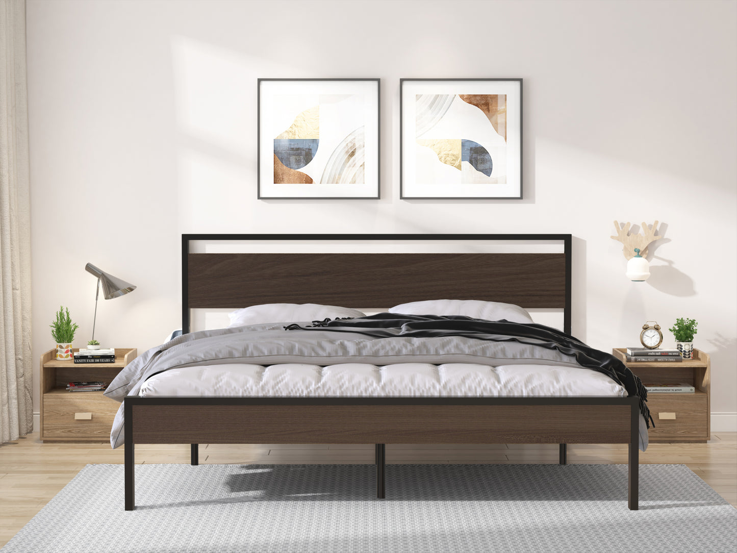 Metal Bed, Black with Walnut wood Headboard&Footboard, King