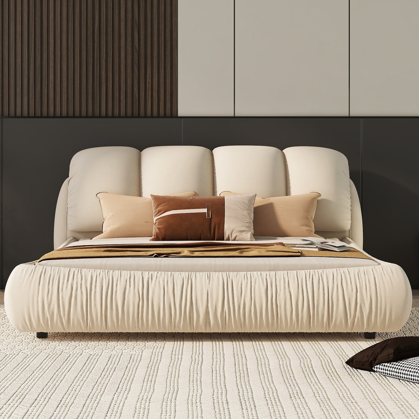 Queen Size Luxury Upholstered Bed With Thick Headboard, Velvet Queen Bed with Oversized Padded Backrest, Beige