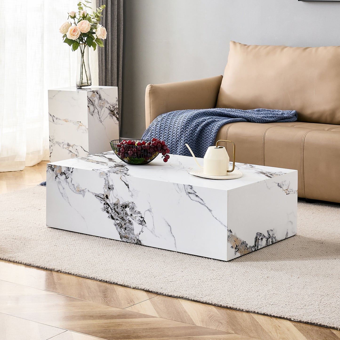 Modern MDF Coffee Table with Marble Pattern - 39.37x23.62x11.81 inches