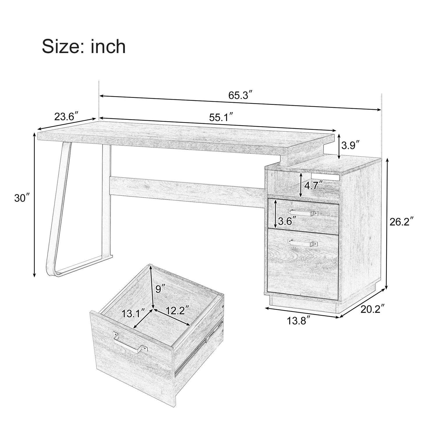 Home Office Computer Desk with Drawers/Hanging Letter-size Files, 65 inch