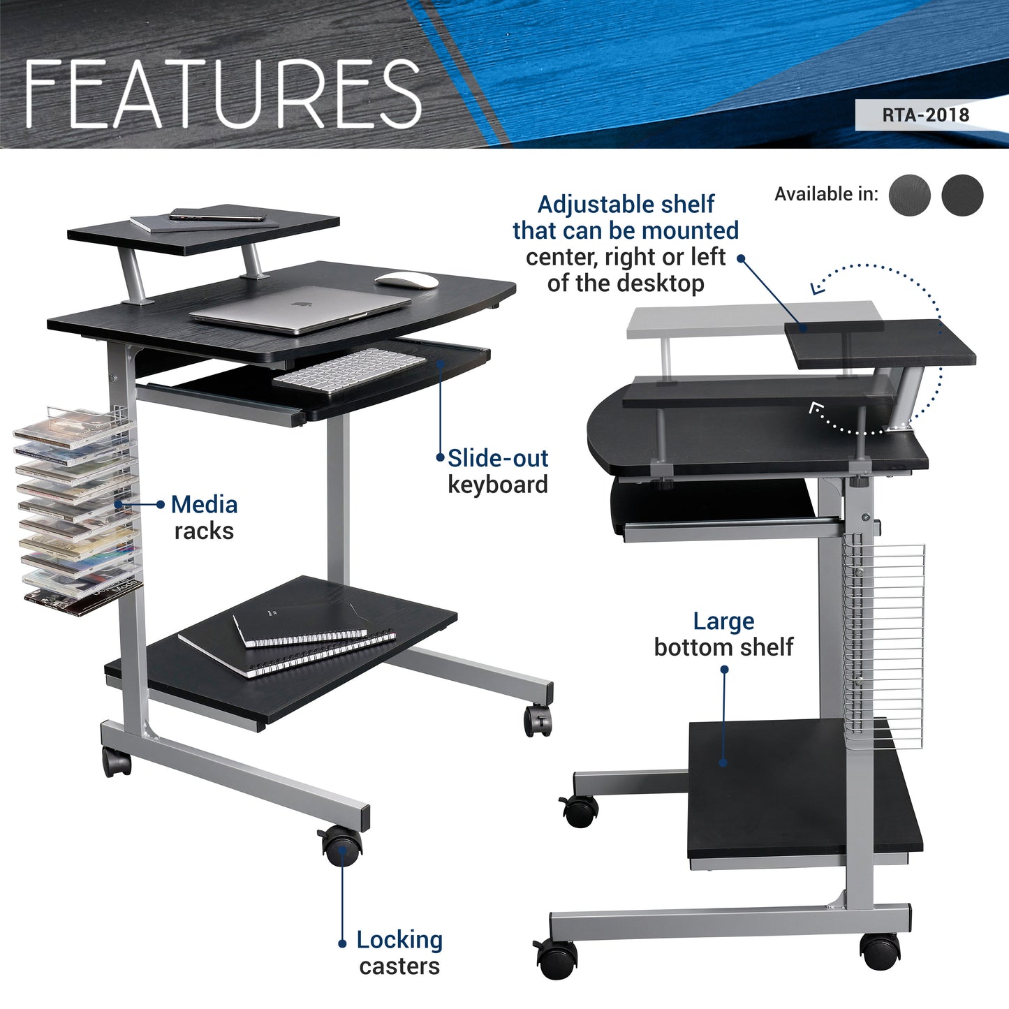 Compact Computer Cart With Storage, Graphite