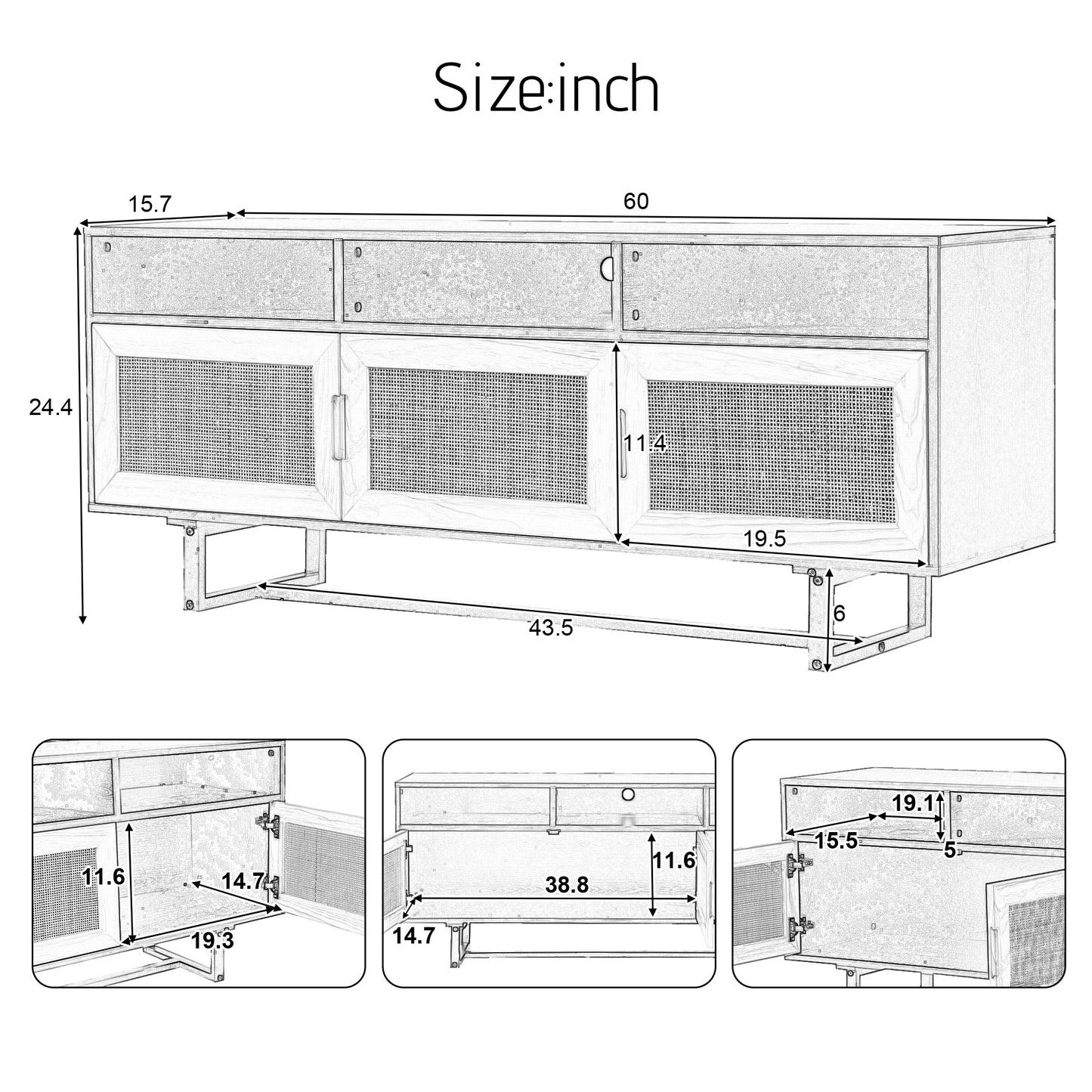 TREXM Retro Rattan TV Stand 3-door Media Console with Open Shelves for TV Stand under 75''(Walnut)