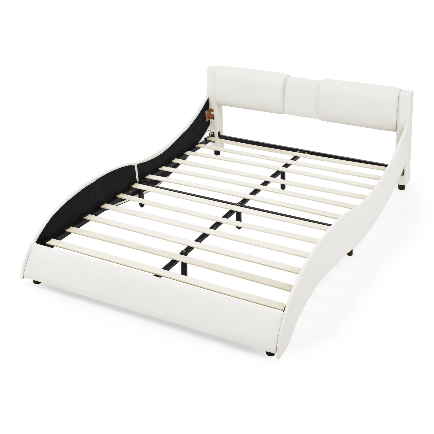 Queen Bed Frame Modern Faux Leather Upholstered Platform Bed Frame with and Headboard ,White