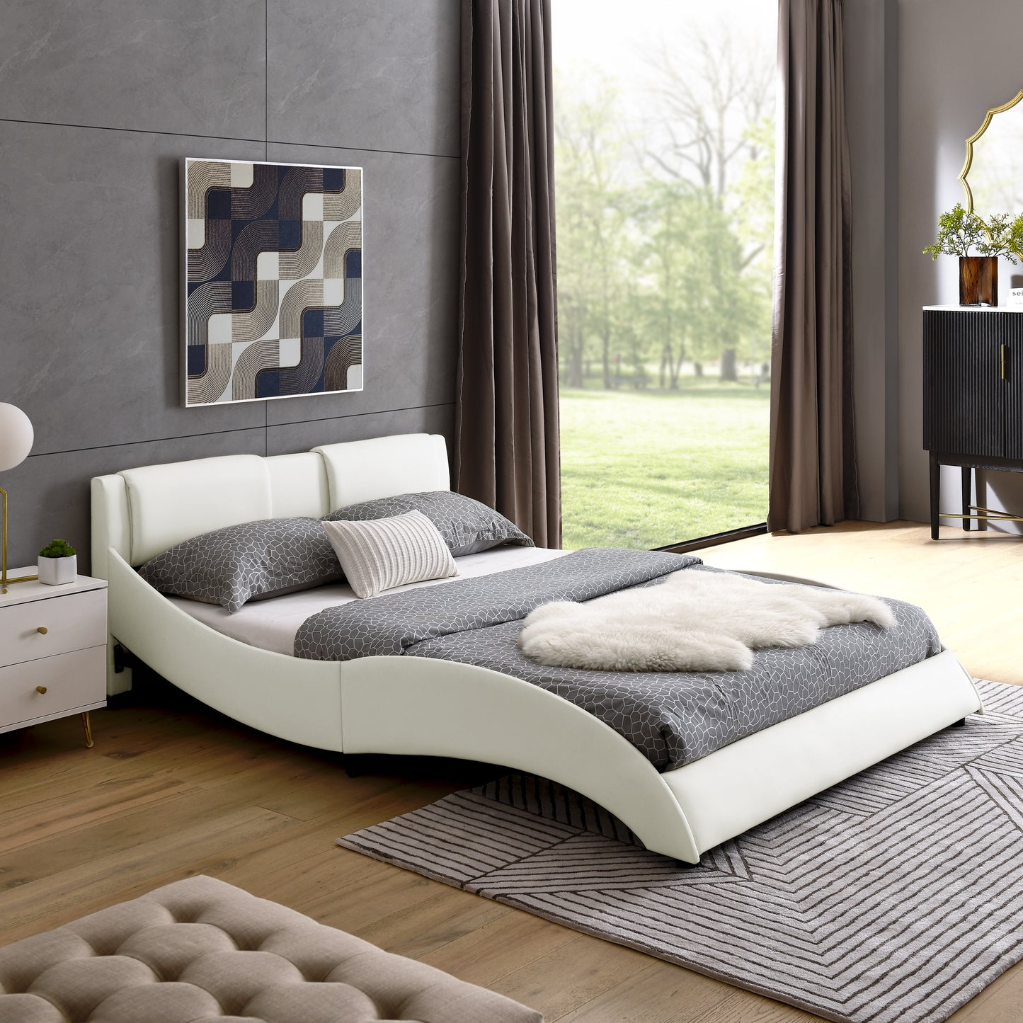 Queen Bed Frame Modern Faux Leather Upholstered Platform Bed Frame with and Headboard ,White