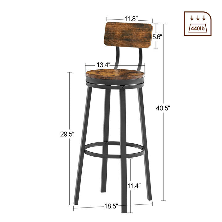 bar stool set of 2 with backrest, industrial style, metal frame