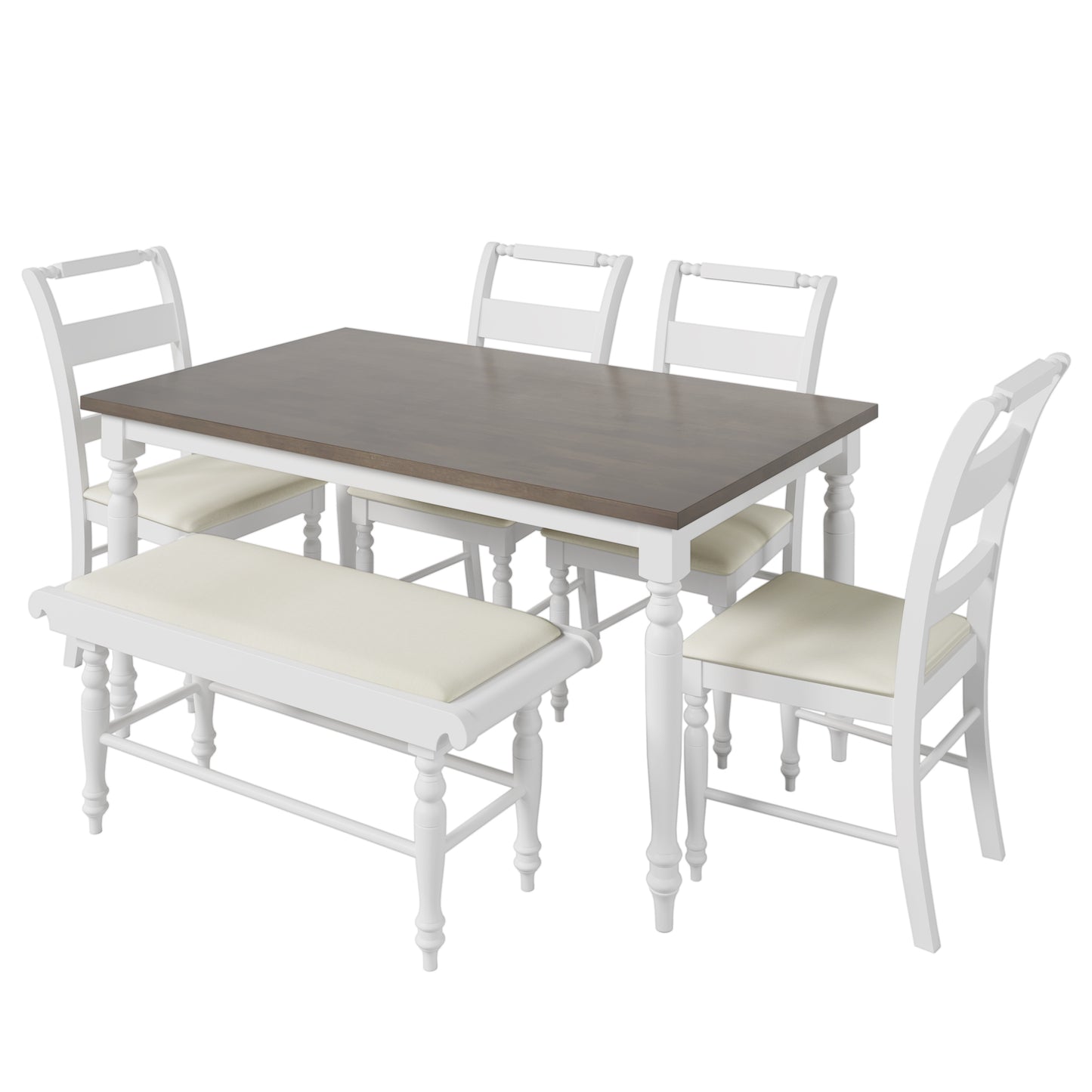 6-peice Dining Set with Turned Legs, Kitchen Table Set with Upholstered Dining Chairs and Bench,Retro Style, White