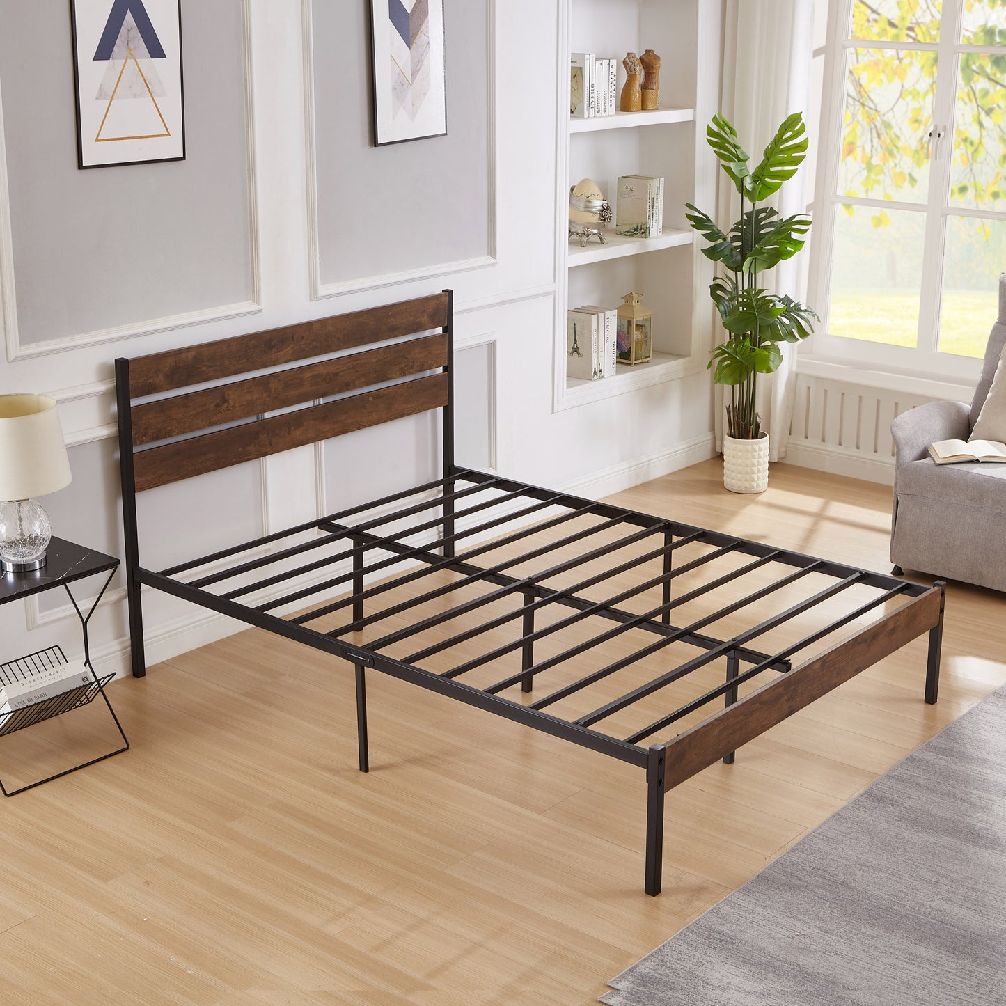 Full Size Bed Frame with Wood Headboard No Box Spring Needed-Brown.