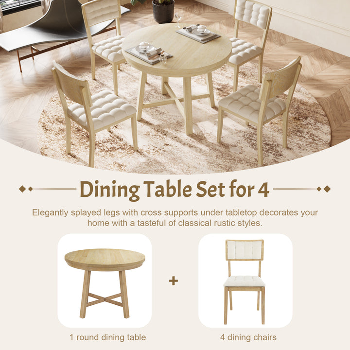 Rustic 42inch Round Dining Table Set with Cross Legs and Upholstered Dining Chairs for Small Places, Natural