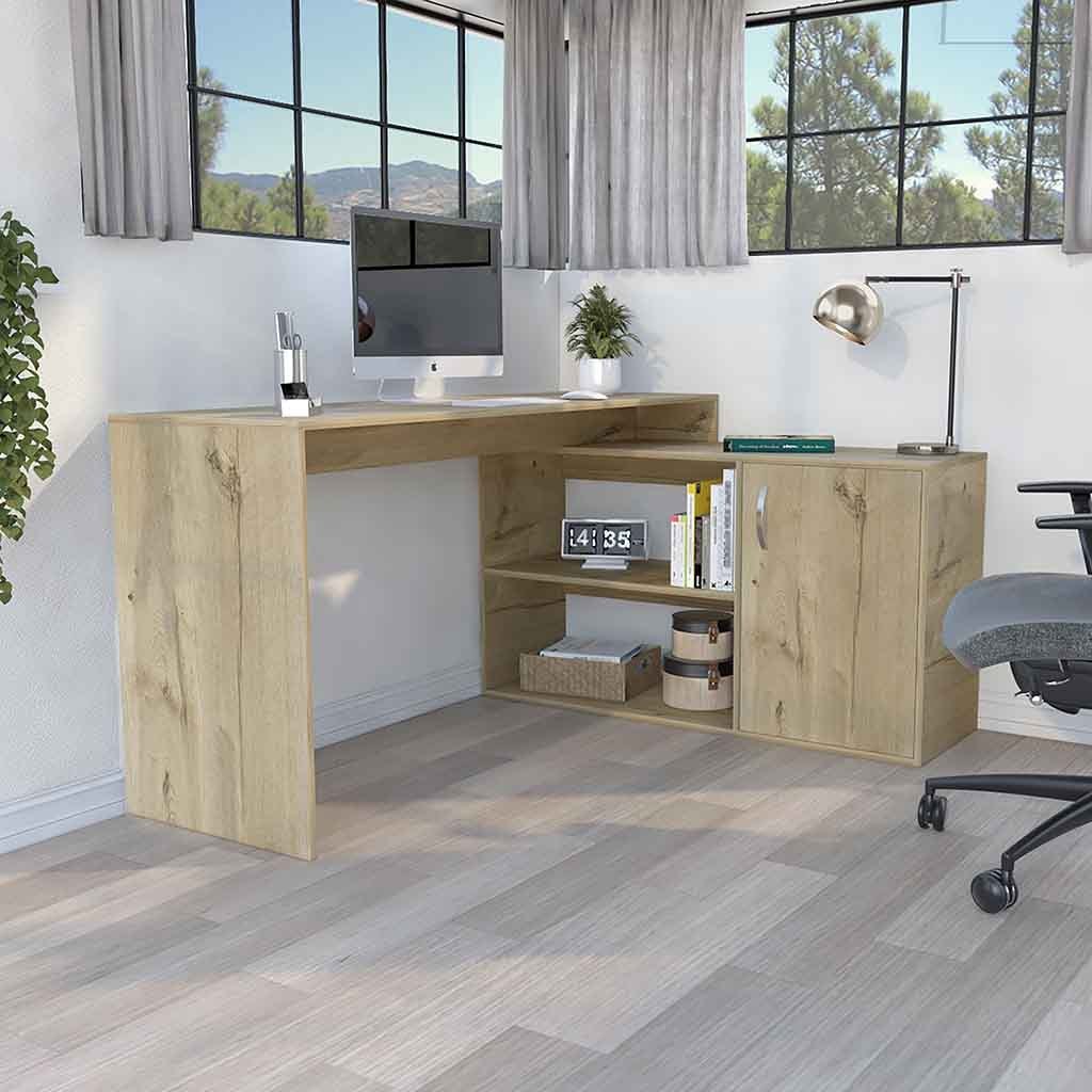 Modern L-Shaped Computer Desk with Open & Closed Storage -Light Oak