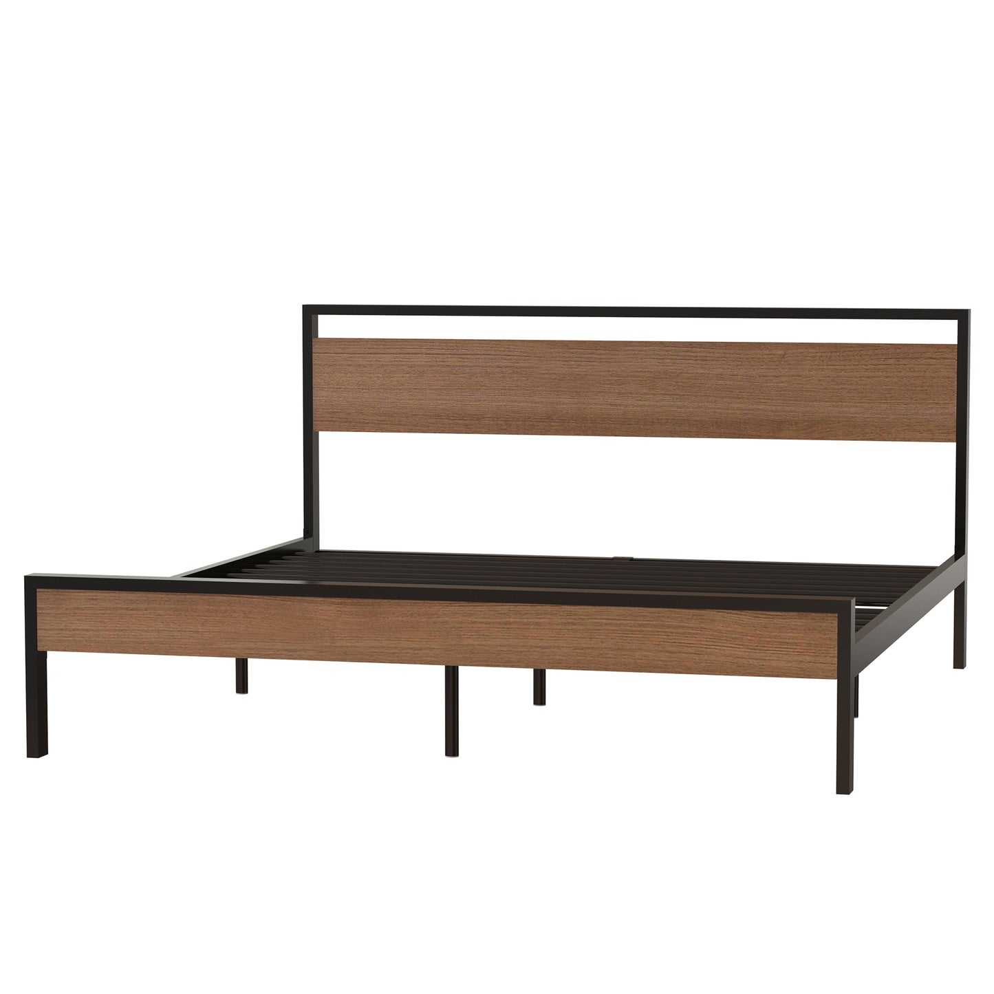 Metal Bed, Black with Cinnamon Wood Headboard&Footboard, King