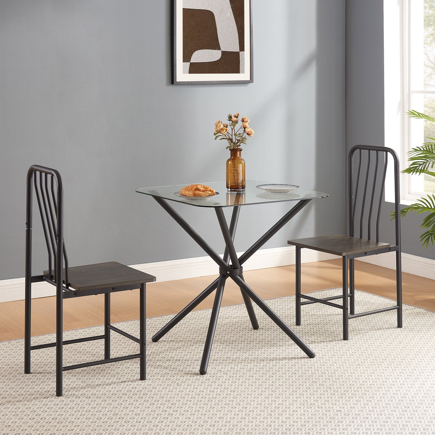 Dining Set for 2, Square Glass Tempered Dining Table with 4 Legs and 2 Metal Chair