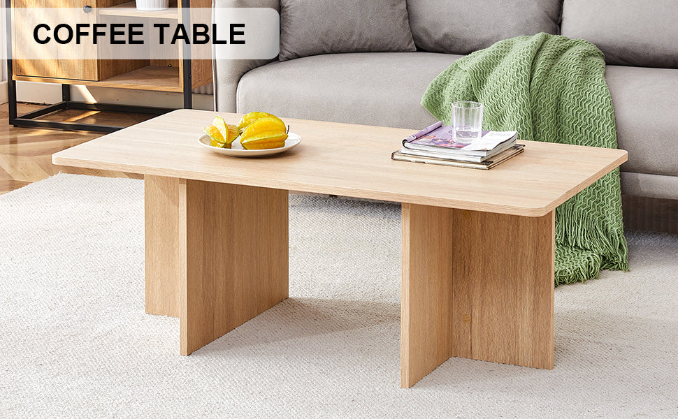 A wood colored coffee table.