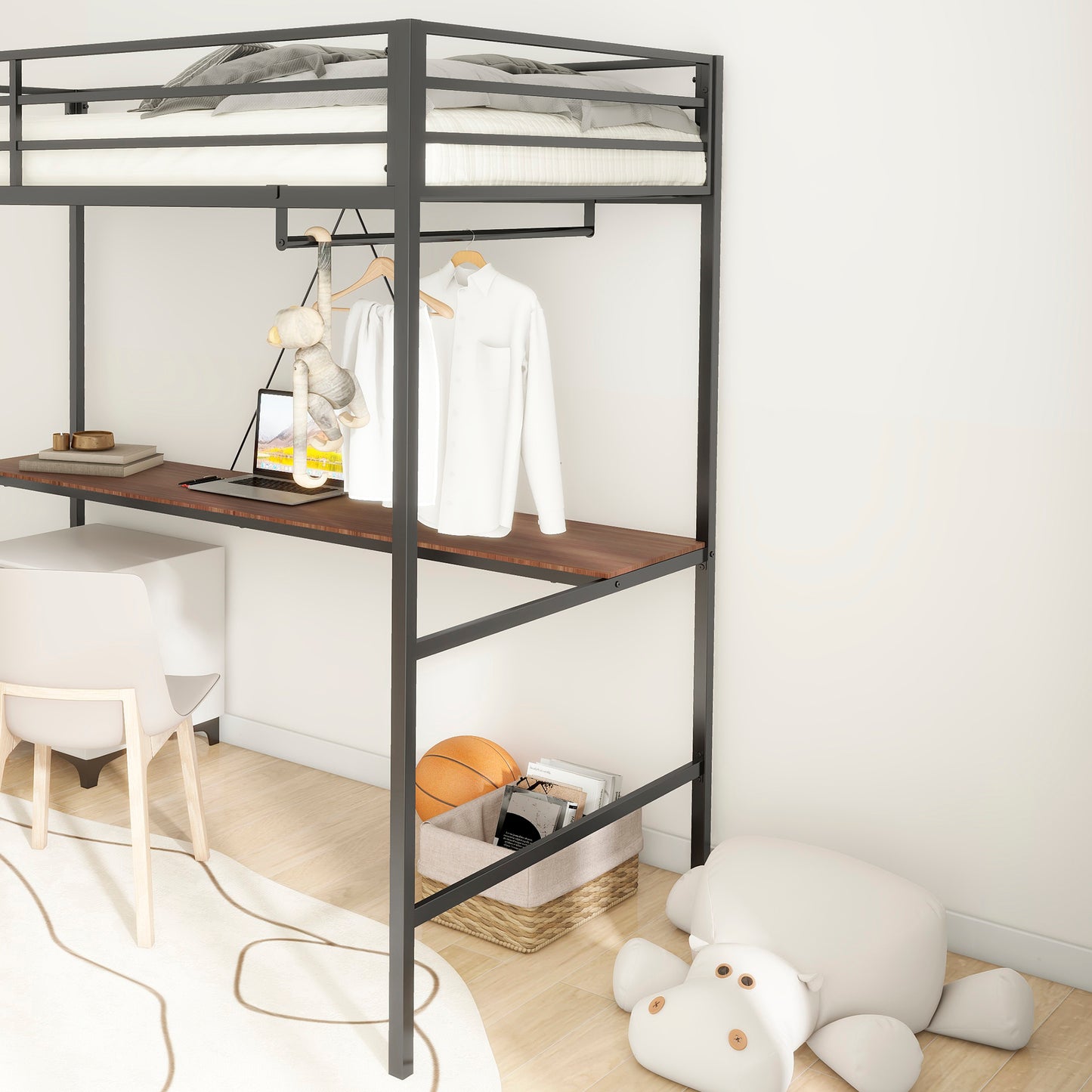 Twin Loft Bunk Black with Cinnamon Wood Desk and Closet Rod