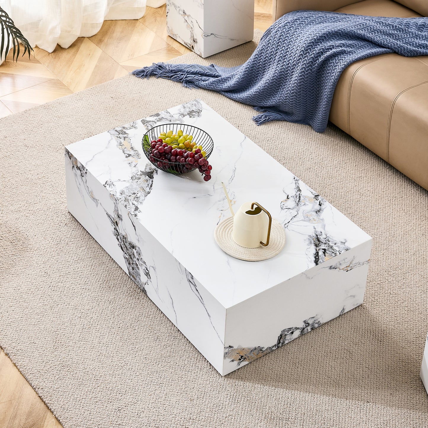 Modern MDF Coffee Table with Marble Pattern - 39.37x23.62x11.81 inches