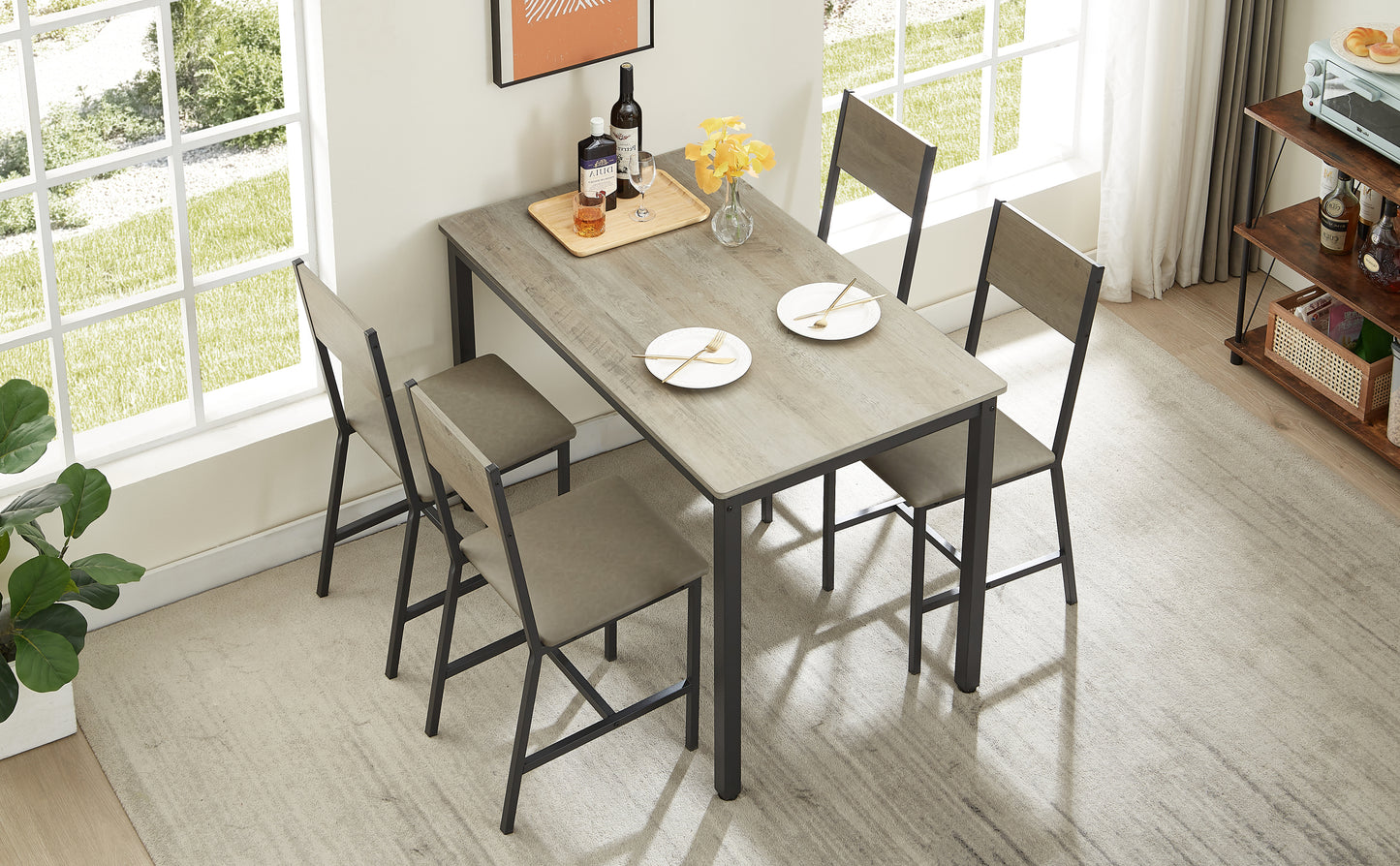 Dining Set for 5 Kitchen Table with 4 Upholstered Chairs, Grey