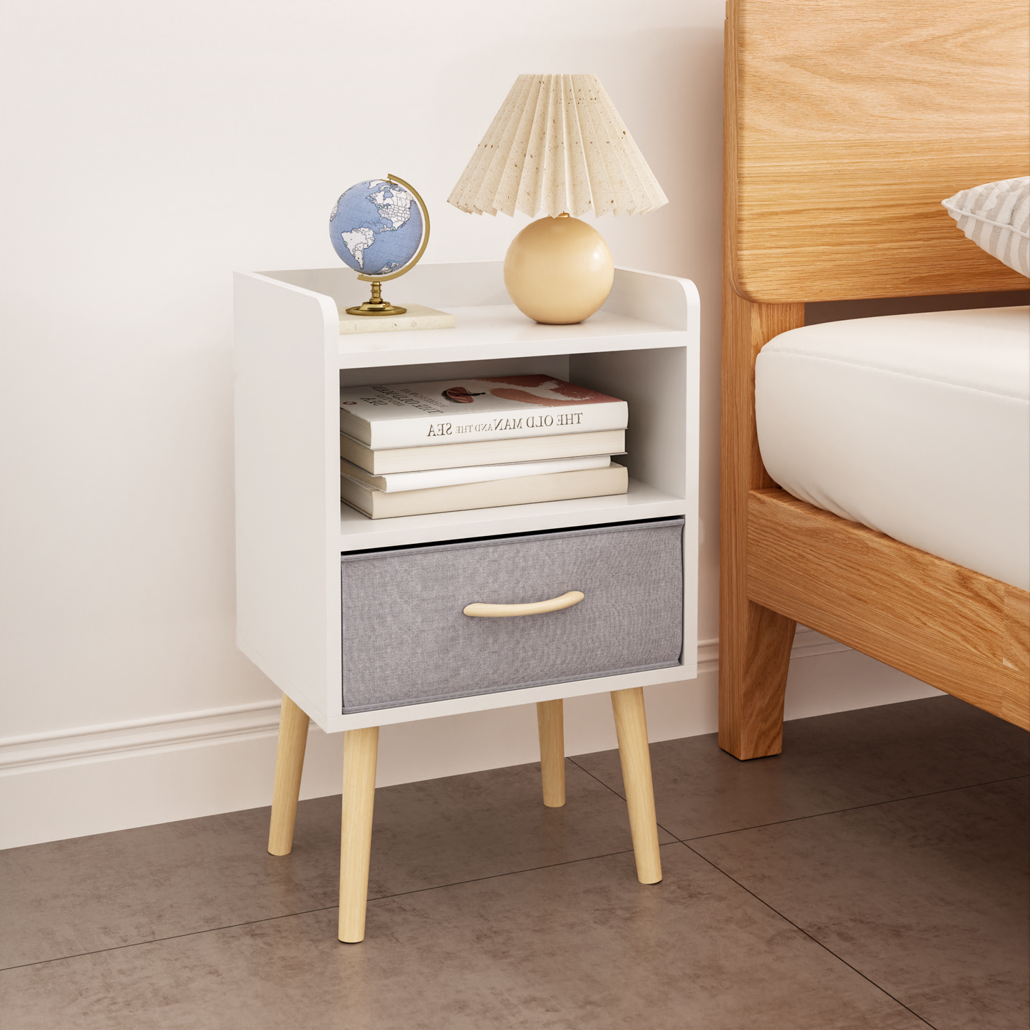 Nightstand With Collapsible Fabric Drawer, 2-Tier Storage End Table - White