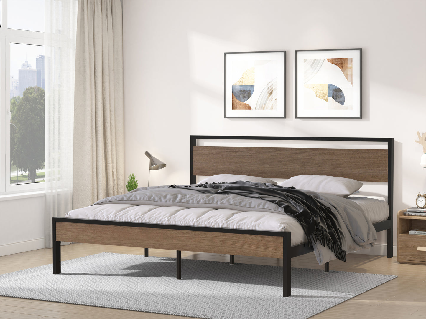 Metal Bed, Black with Cinnamon Wood Headboard&Footboard, King