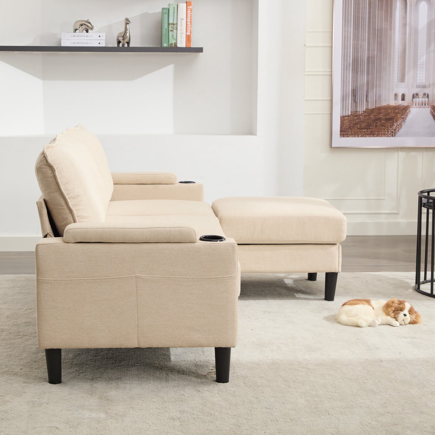 beige color knock down 3-seat combo sofa with storage ottoman