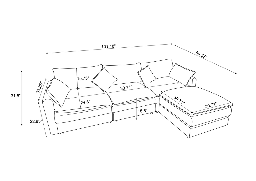 Modular Sectional Sofa, 100.39" x 34.65" 3-Seater Sofa with Ottoman, Modern L-Shaped Sofa for Living Room Bedroom Apartment