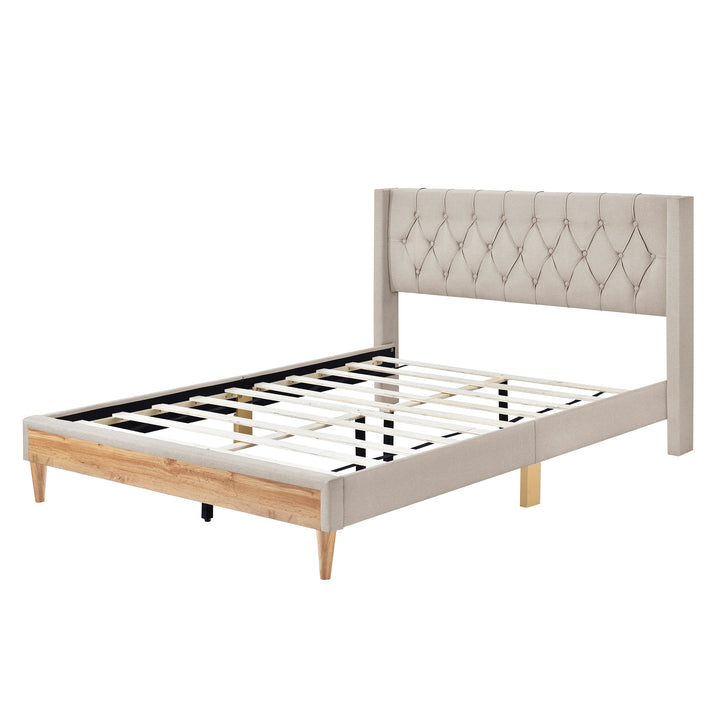 Platform Bed with Rubber Wood Legs,No Box Spring Needed-Beige