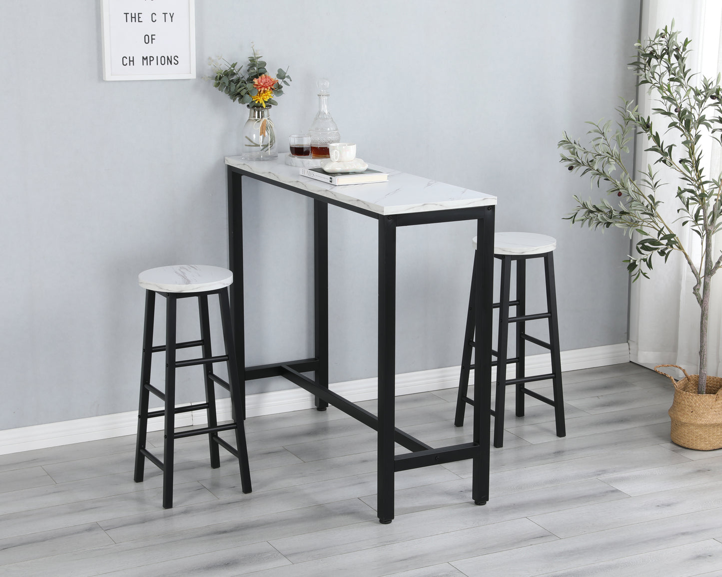 Black Table Top Bar Table with 2 Bar Chairs, Kitchen Counter with Bar Chairs,Breakfast Bar Table Sets, for Home,Kitchen, Office