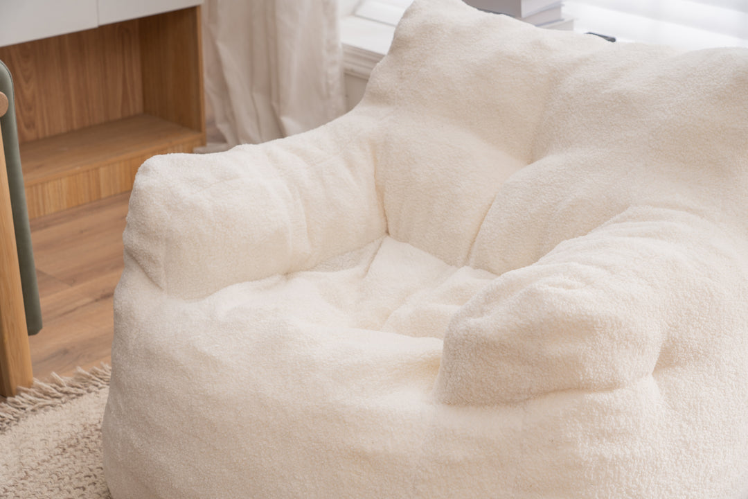 Soft Teddy Fabric Tufted Foam Bean Bag Chair With Teddy Fabric Ivory White