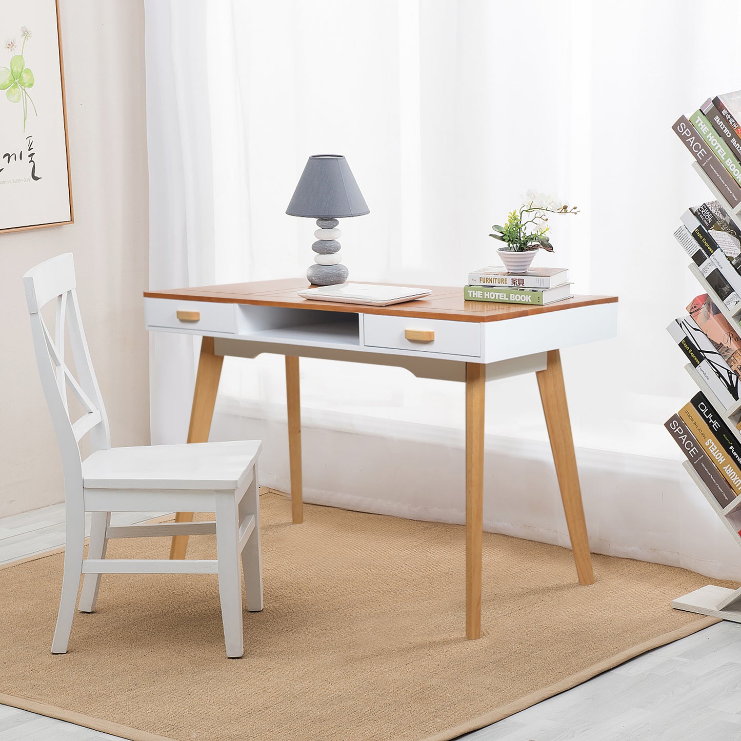 Wooden Writing Desk for Office,Solid Wood Computer Table for Home Wood+White Finish