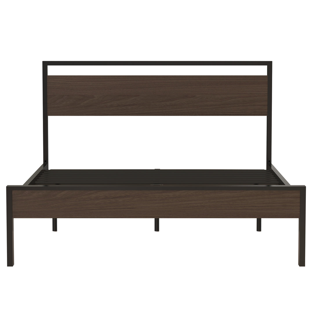 Metal Bed, Black with Walnut Wood Headboard&Footboard, Queen