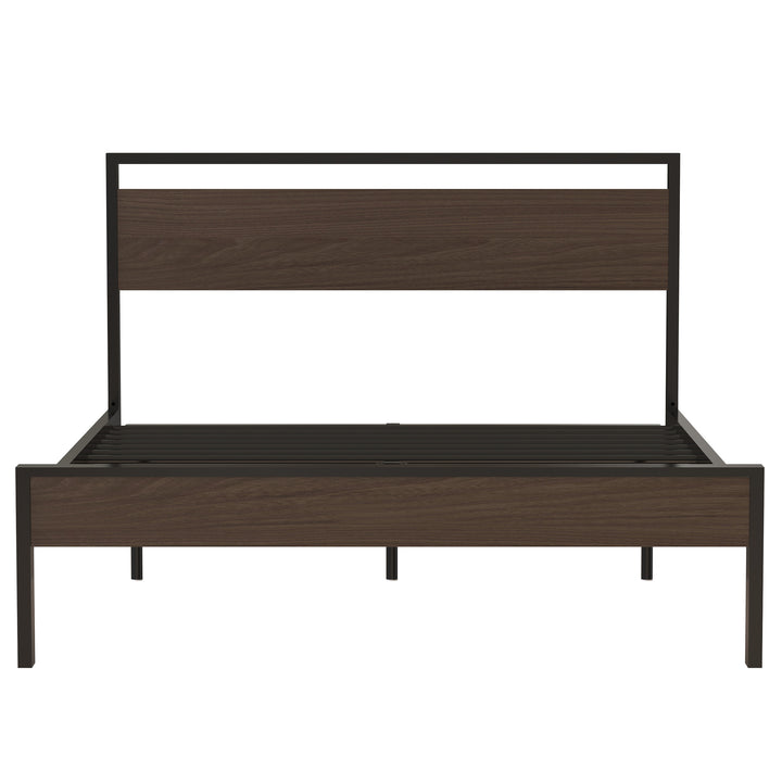 Metal Bed, Black with Walnut Wood Headboard&Footboard, Queen