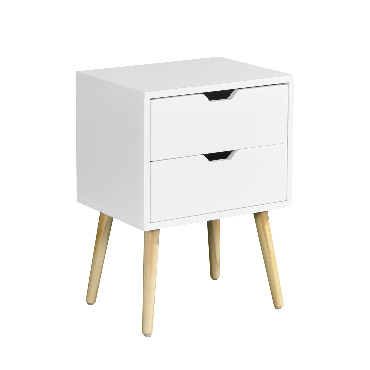 Side Table with 2 Drawer and Rubber Wood Legs, Mid-Century Modern Storage Cabinet for Bedroom Living Room Furniture, White