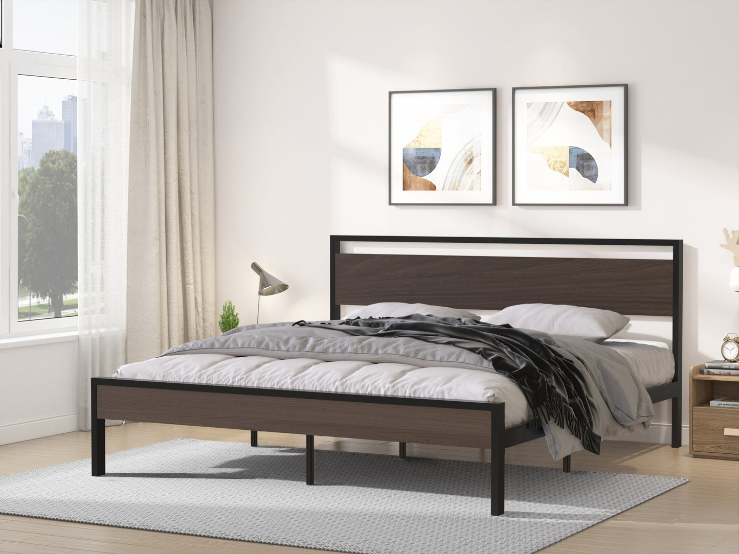 Metal Bed, Black with Walnut wood Headboard&Footboard, King