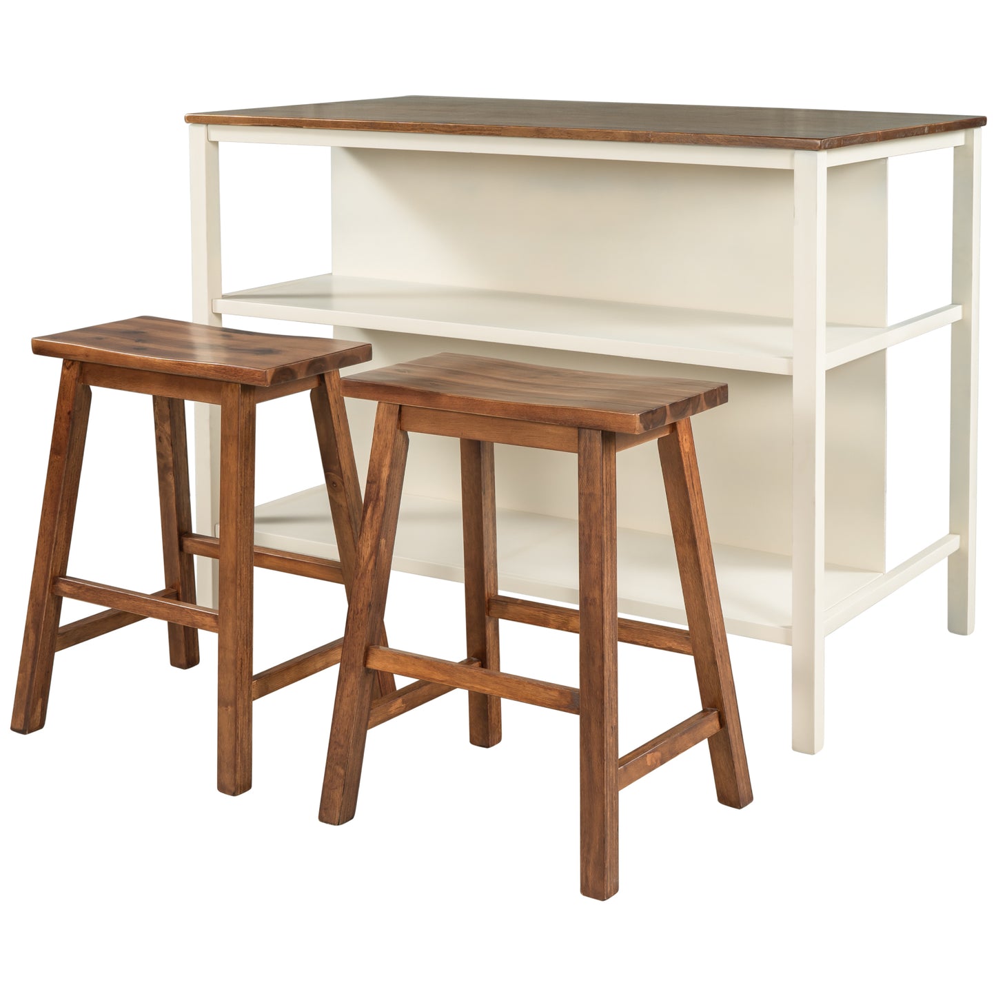 Solid Wood Rustic 3-piece 45" Stationary Kitchen Island Set with 2 Seatings, Rubber Wood