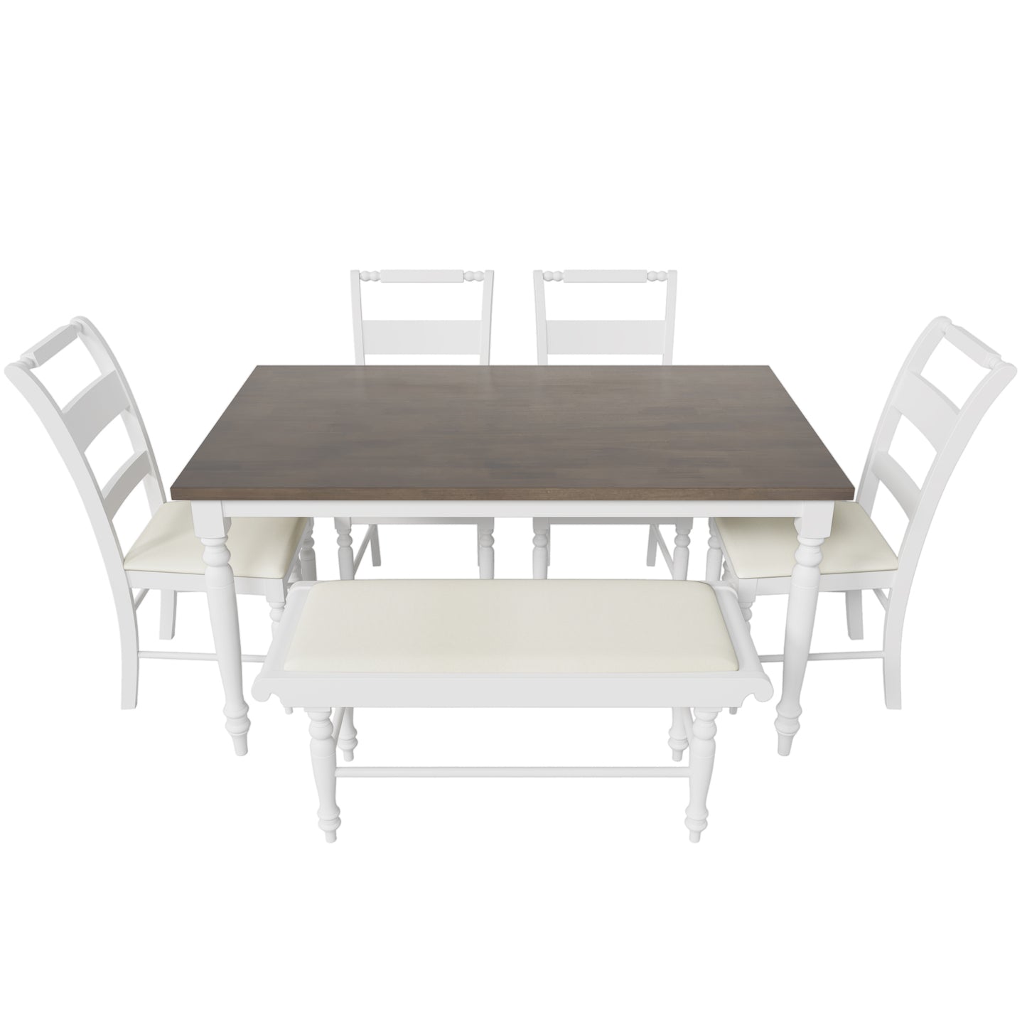 6-peice Dining Set with Turned Legs, Kitchen Table Set with Upholstered Dining Chairs and Bench,Retro Style, White