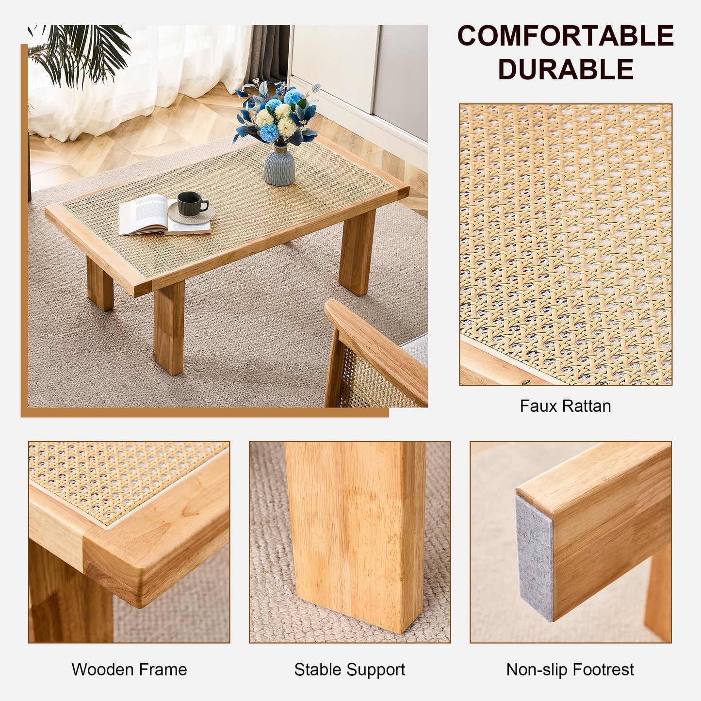 Modern and minimalist rectangular rattan tabletop with rubber wooden leg