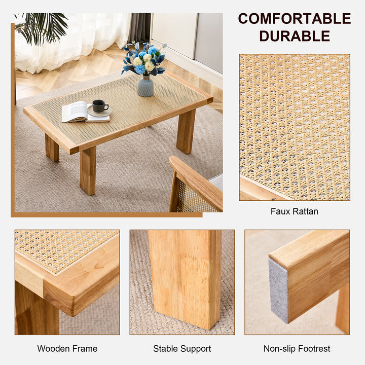 Modern and minimalist rectangular rattan tabletop with rubber wooden leg