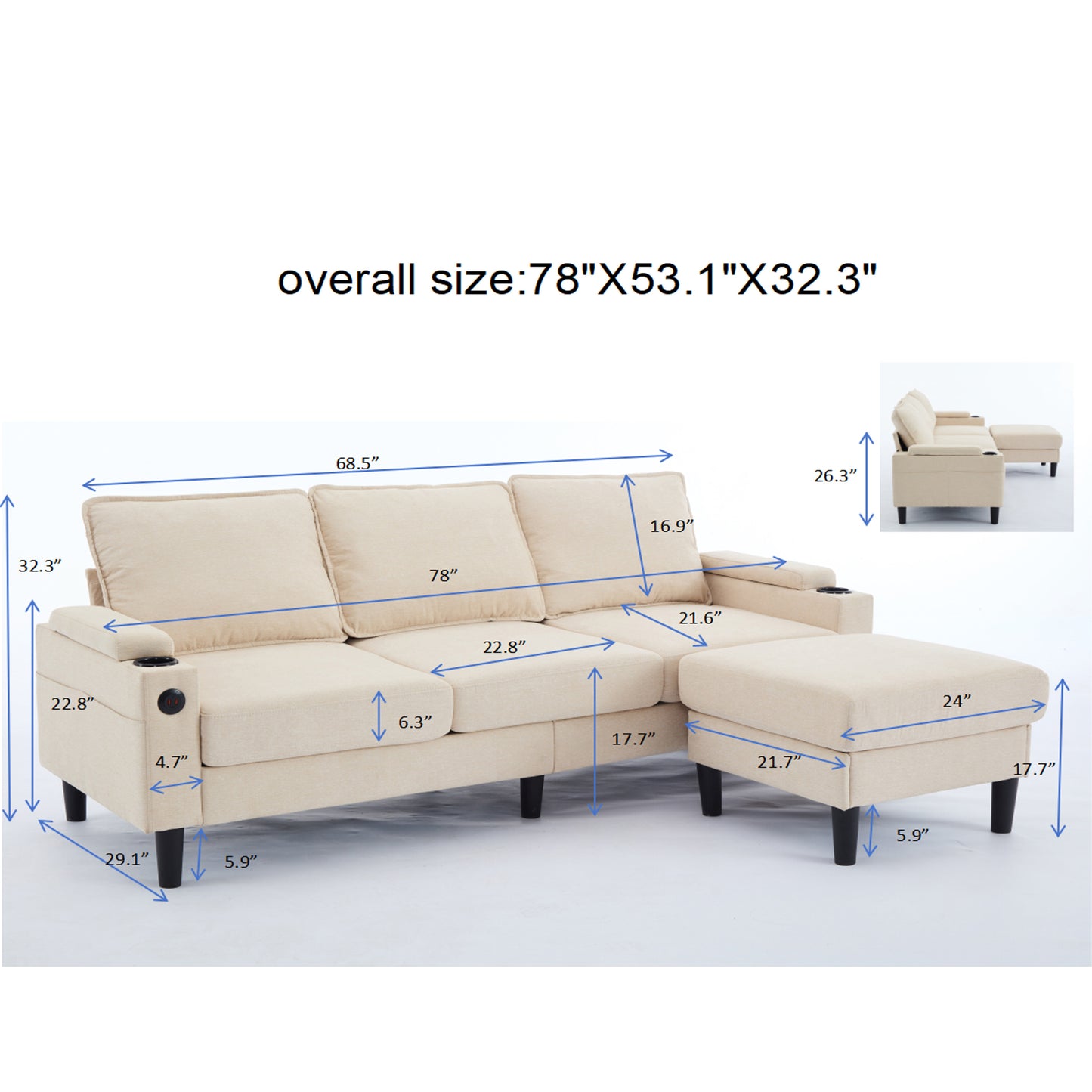 beige color knock down 3-seat combo sofa with storage ottoman