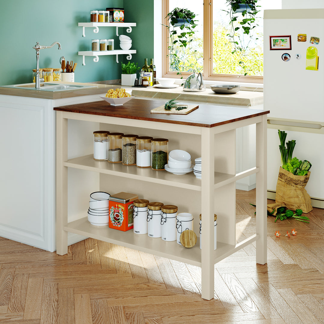 Solid Wood Rustic 3-piece 45" Stationary Kitchen Island Set with 2 Seatings, Rubber Wood