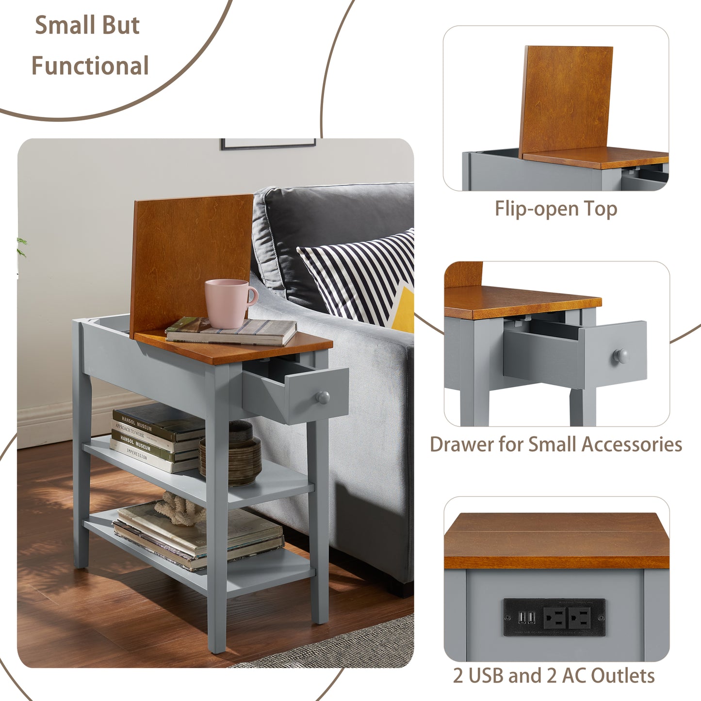 Narrow 2-tone End Table with USB Charging Ports for Small Space, 1.8"W*24"D*24.2"H