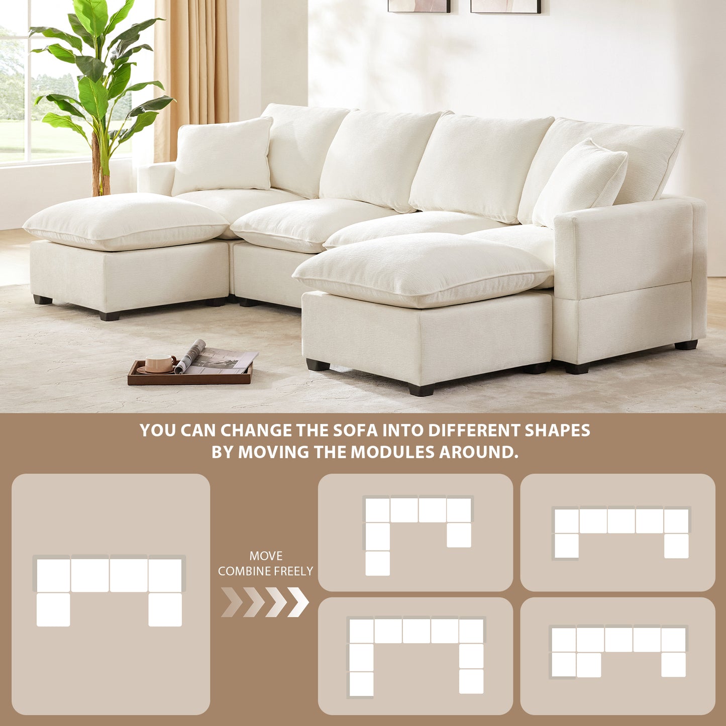 110*57" U Shape Modular Sofa, 6 Seat Chenille Sectional Couch Set with 2 Pillows Included