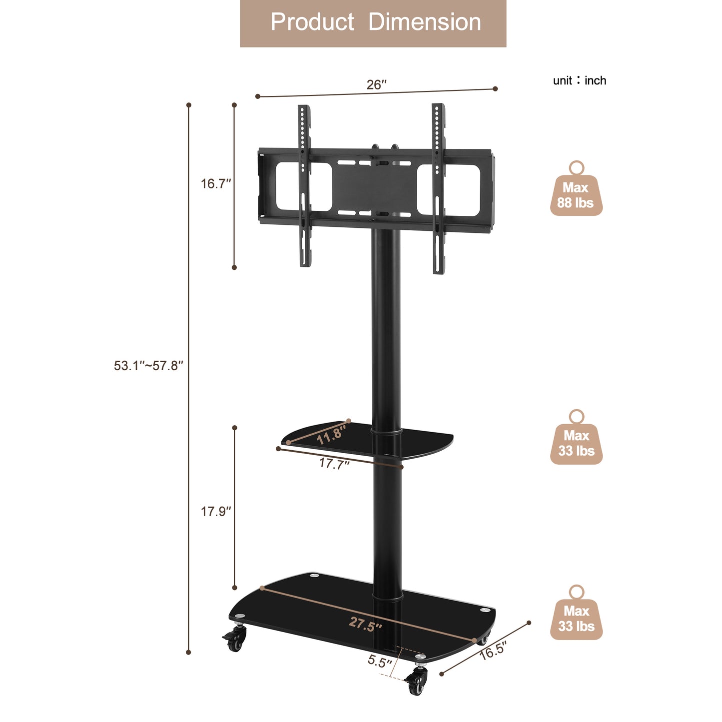 Height and Angle Adjustable Multi-Function Tempered Glass Metal Frame Floor With Lockable Wheels Mobile TV Stand, LCD/Plasma TV bracket