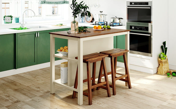 Solid Wood Rustic 3-piece 45" Stationary Kitchen Island Set with 2 Seatings, Rubber Wood