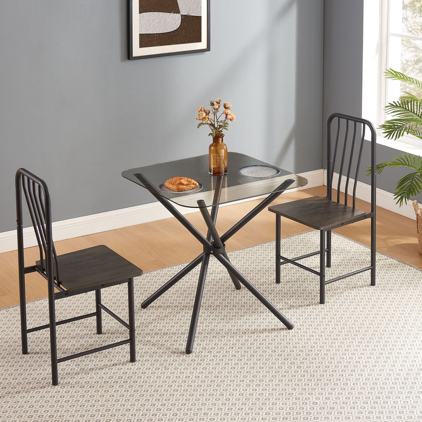 Dining Set for 2, Square Glass Tempered Dining Table with 4 Legs and 2 Metal Chair