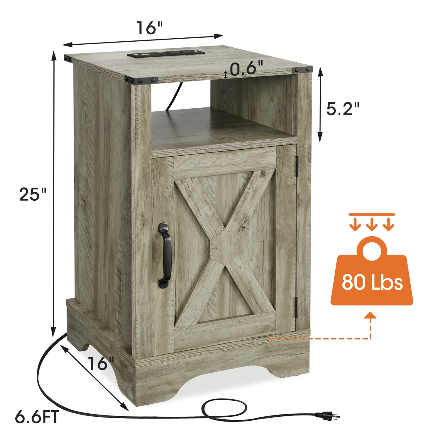 Nightstand Side Table, Wooden Rustic End Table, Tall Bedside Table with Electrical Outlets Charging Station  - Light Grey