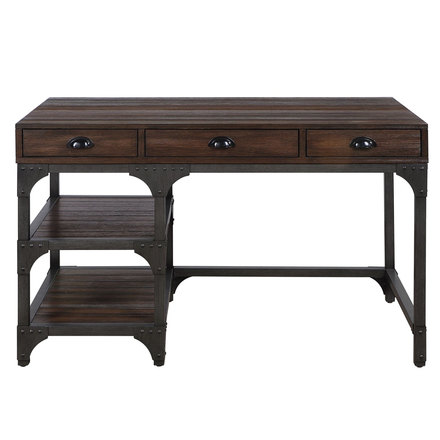 Writing Desk, Espresso Oak Finish & Antique Black Metal