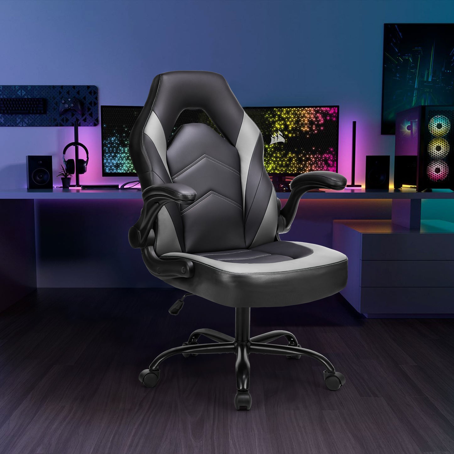 Gaming Chair - PU Leather Computer Chair Ergonomic Office Chair with Lumbar Support, Height Adjustable Rolling Desk Chairs with Flip-up Armrests