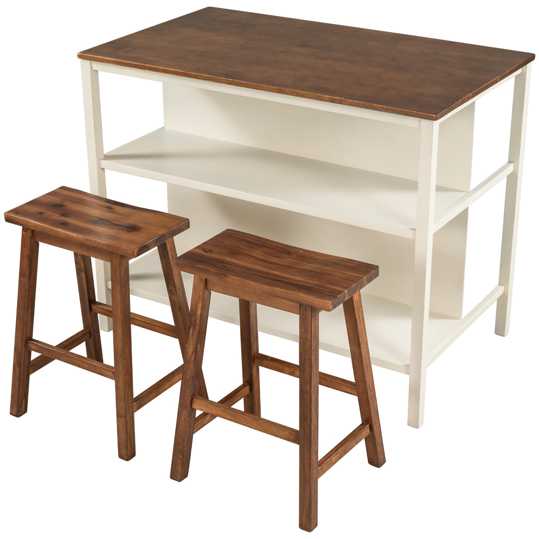 Solid Wood Rustic 3-piece 45" Stationary Kitchen Island Set with 2 Seatings, Rubber Wood
