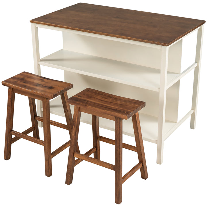 Solid Wood Rustic 3-piece 45" Stationary Kitchen Island Set with 2 Seatings, Rubber Wood