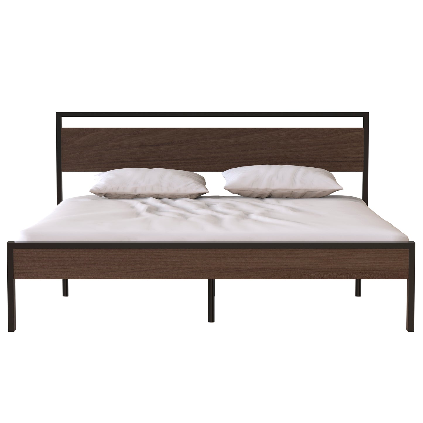 Metal Bed, Black with Walnut wood Headboard&Footboard, King