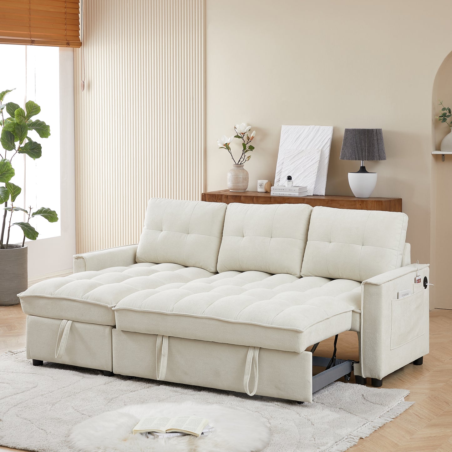 78.75" Reclining Sofa, Pull-Out Sofa Bed with USB and tape-c charging ports, L-Shaped Sectional Sofa with Reclining Storage and Arm Side Organizer Pocket Features