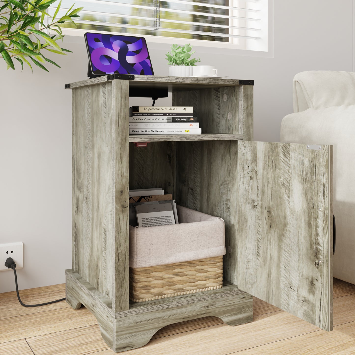 Nightstand Side Table, Wooden Rustic End Table, Tall Bedside Table with Electrical Outlets Charging Station  - Light Grey